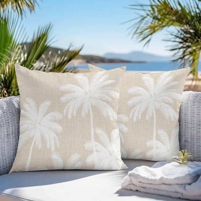 Outdoor Pillow Covers 18x18 Inch Set of 2, Beige Palm Trees Waterproof Throw Pillow Covers, Farmhouse Tropical Summer Beach Decorative Cushion Pillowcases for Couch, Sofa, Bed, Garden, Patio