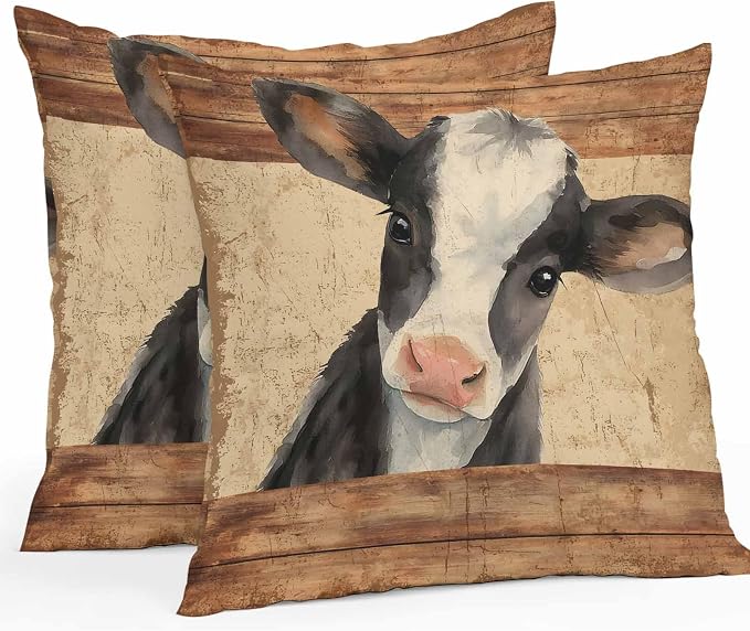 Farmhouse Cow Outdoor Pillow Covers 16x16 Inch Throw Pillow Covers Set of 2 Waterproof Decorative Pillow Cases Country Vintage Animals Wooden Grain Cushion Covers for Patio Furniture Garden Couch Sofa