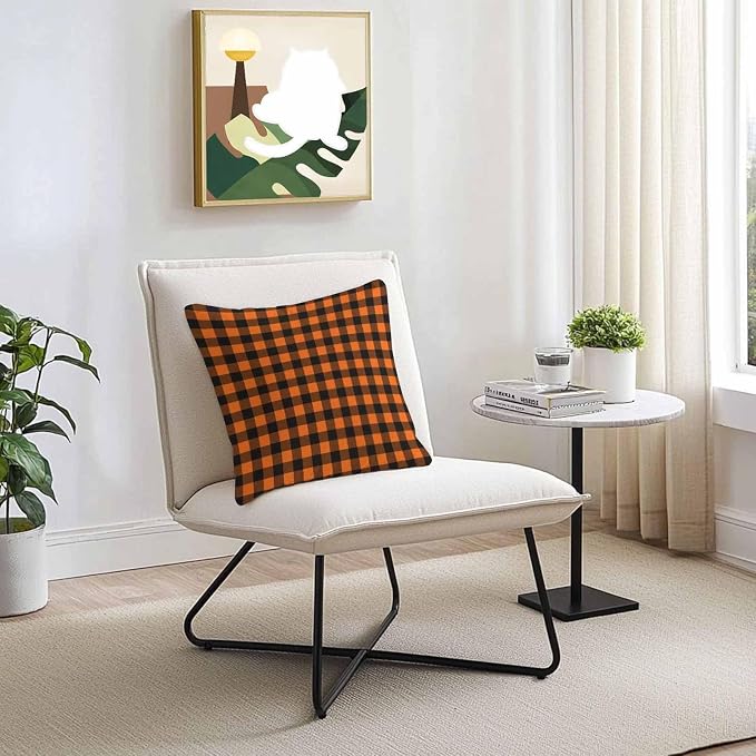 Outdoor Waterproof Throw Pillow Covers Set of 2 Orange Buffalo Plaid Pillowcases 20x20 Inches Pastoral Black Checked Decorative Pillows Cushion Case Patio Pillows for Couch Bed Chair Garden