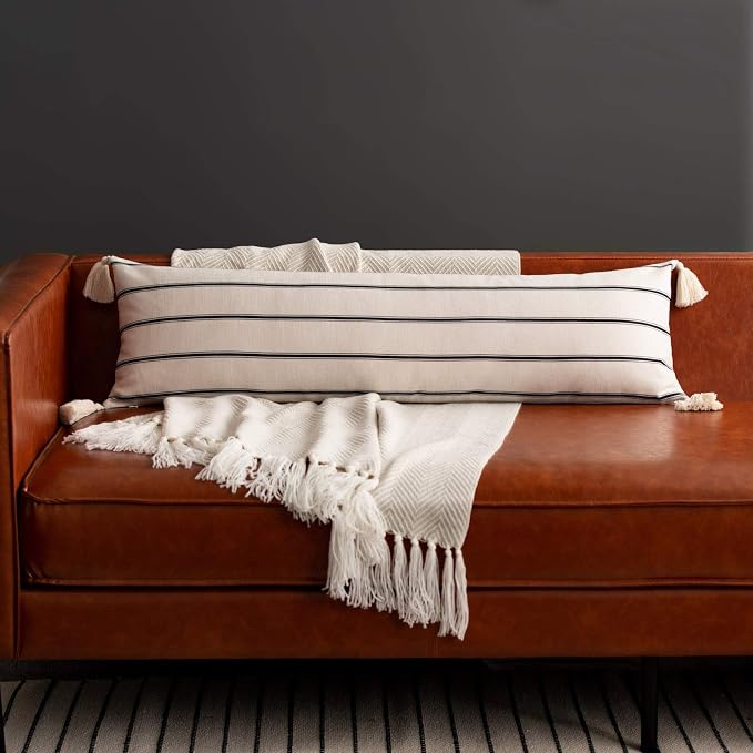 Hofdeco Premium Modern Boho Moroccan Indoor Outdoor Body Lumbar Pillow Cover ONLY for Bed, Backyard, Couch, Sofa, Black White Stripe Tassels, 12"x40"
