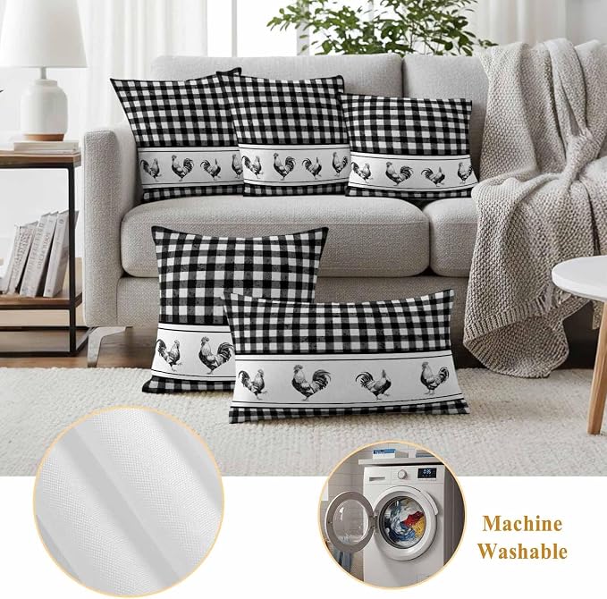 Outdoor Waterproof Throw Pillow Covers Set of 2 Chicken Cock Rooster Pillowcases 18x18 Inches Farmhouse Animal Black Buffalo Plaid Decorative Pillows Cushion Case Patio Pillows for Couch Bed Chair