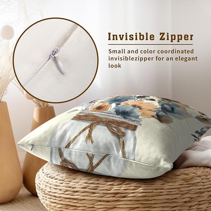 Watercolor Flower Throw Pillow Covers 16 x 16 Inches Set of 2,Cream Grey Brown Floral Poppy Mason Jar Farmhouse Decor Pillowcase Cushion Cover for Home Living Room Bed Sofa Car