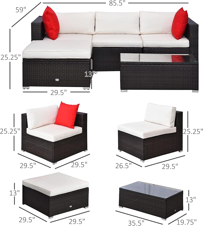 Outsunny 5-Piece Patio Furniture Set with Cushions, Outdoor PE Rattan Wicker Sofa Set, Sectional Furniture with Pillows, Glass Coffee Table for Garden, Backyard, Brown/Cream White