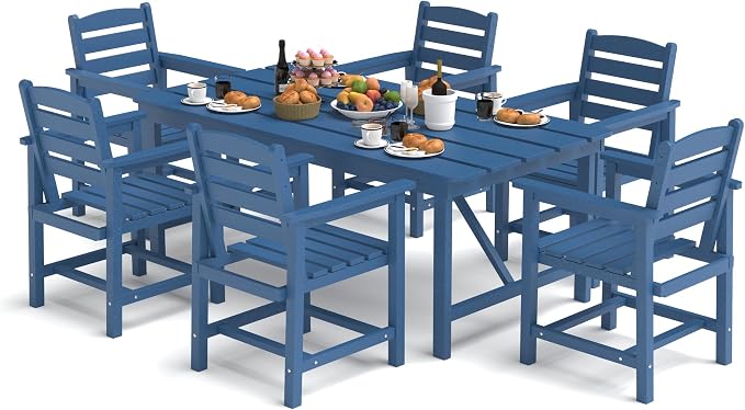 Kingdura 7 Piece Patio Dining Set for 6, HDPE Outdoor Table & Chairs with Umbrella Hole, All-Weather Outdoor Furniture Patio Conversation Set for Lawn Pool Backyard, Navy Blue