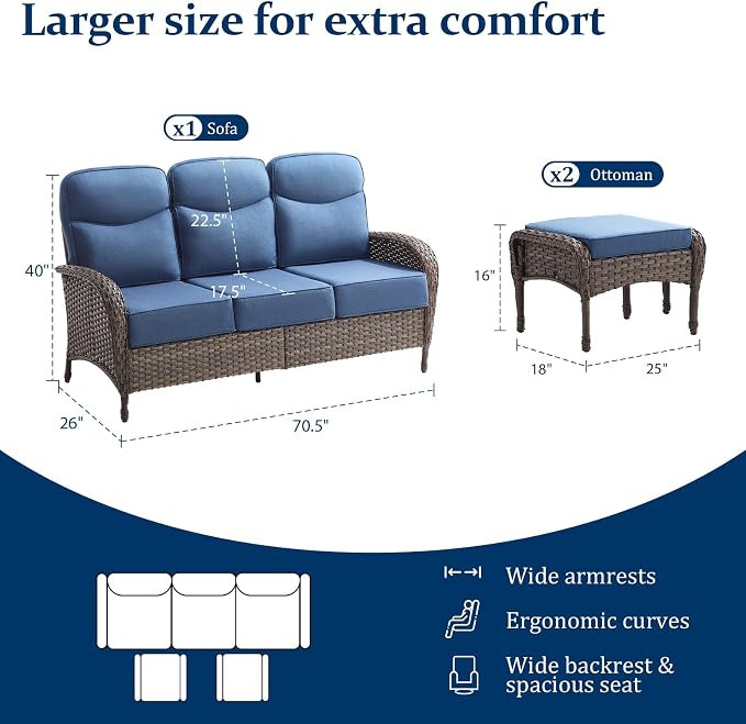 Outdoor Patio Sofa Set (3pcs) with High-Back Design—Thickened Cushions, Sofa Footstool, Patio Set, All-Weather Wicker Patio Furniture Set, Suitable for Balconies and Patios, Available in Brown/Blue