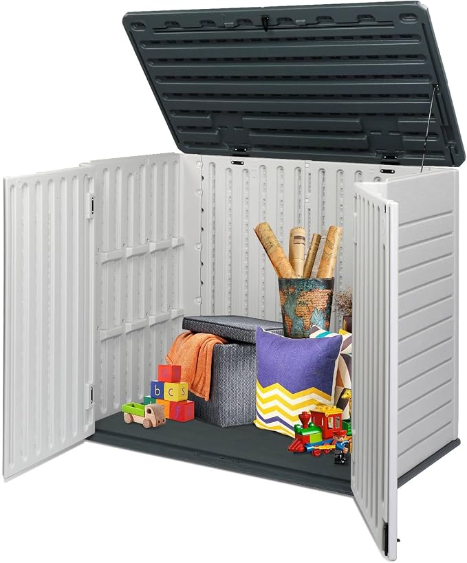 Large Outdoor Storage Box, 260 Gal Deck Box with 2 Doors, Patio Storage Box Storage Cabinet for Outdoor Furniture Gardening Tools Pool Supplies 50'' x 29'' x 41'' Easy Assembly (Grey&White)