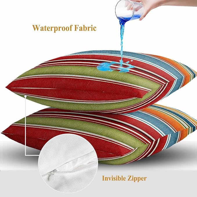 Outdoor Waterproof Pillow Covers for Patio Modern Red Orange Blue Stripes Decorative Throw Pillow Cover Abstract Fabric Stripes Pillowcases Set of 2 Cushion Case for Sofa Couch Chair 20x20 Inch