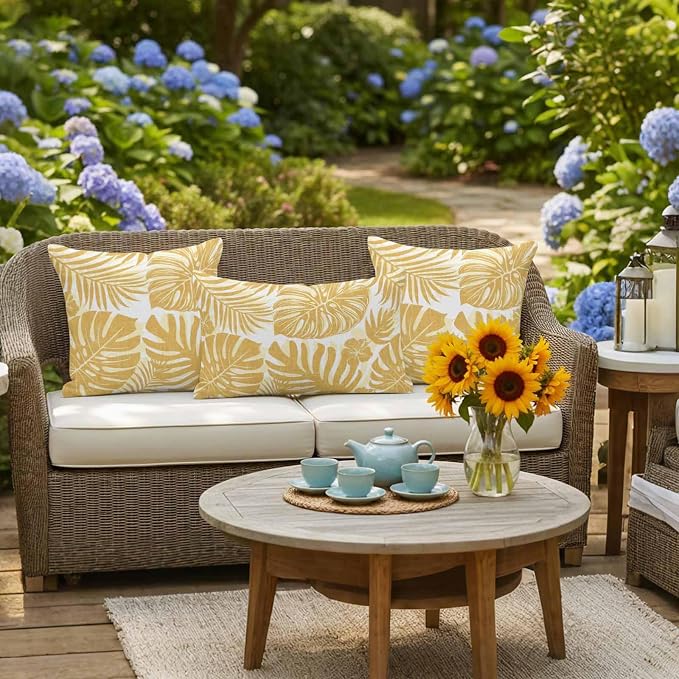 Yellow Palm Leaves Outdoor Pillow Covers 24"x24" Set of 2, Tropical Botanical Minimalist Modern Waterproof Throw Pillow Covers for Patio Furniture, Decorative Cushion Covers for Porch