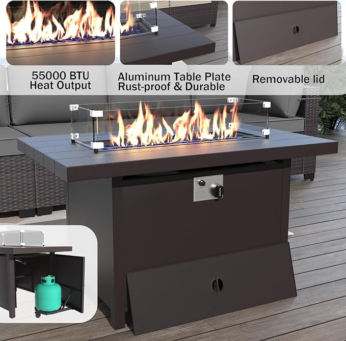 ALAULM 8 Pieces Patio Furniture Set with Aluminum Fire Pit Table Outdoor Furniture Sets 55000BTU Gas Fire Pit Brown PE Rattan Wicker Patio Conversation Sets w/6 Cushions-Grey