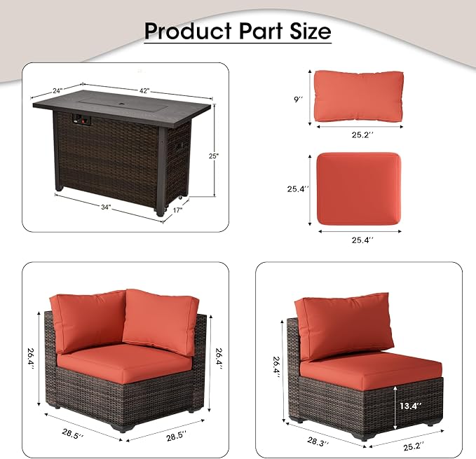 Patio Furniture Set with Fire Pit Table, Outdoor Sectional Rattan Sofa Set, Patio Set Seating Furniture with Thickened Cushions (Red, 7 Pieces)