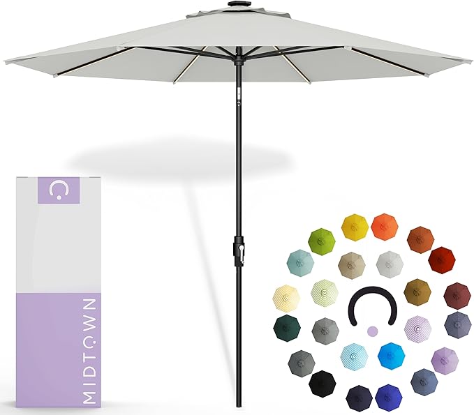Midtown Umbrellas The LED Swilt 8 Feet Patio Umbrella With Terylast Off Cream (Off White) Polyester Fabric - Auto-Tilt Aluminum Frame With LED Lights For Backyard, Deck, Garden, Pool - Black Pole