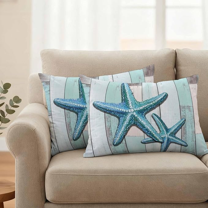Teal Blue Starfish Waterproof Outdoor Pillow Covers Set of 2 Home Decor, Summer Beach Coastal Retro Wooden Pillowcase Patio Pillow Covers for Couch Bench Furniture Garden 20x12in