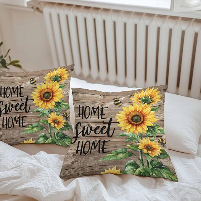Throw Pillow Covers 20x20 Inch Set of 2, Sunflower Bee Waterproof Outdoor Pillow Covers, Farmhouse Country Wooden Plank Brown Decorative Cushion Pillowcases for Couch, Sofa, Bed, Garden, Patio