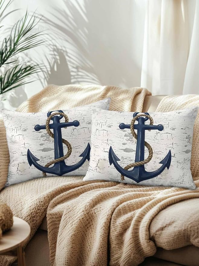 Outdoor Waterproof Throw Pillows 12x20in, Coastal Blue Anchor Patio Pillows Pack of 2,Decorative Pillow Covers with Insert,Pillow Cushion Case for Garden Couch Sofa Summer Nautical Theme Retro Style