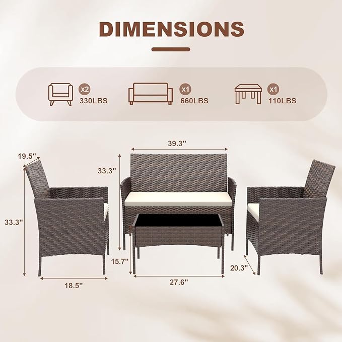 4 Piece Outdoor Patio Furniture Set, All-Weather Gray Wicker Rattan Conversation Set with Cushions, Loveseat, Chairs & Coffee Table for Porch, Backyard & Balcony