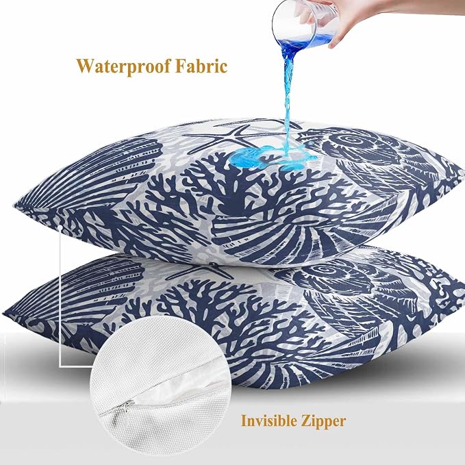 Outdoor Pillow Covers 16x16 Inch Set of 2, Navy Blue Coastal Waterproof Throw Pillow Covers, Beach Starfish Nautical Coral Shell Summer Decorative Cushion Pillowcases for Couch Sofa Bed Garden Patio