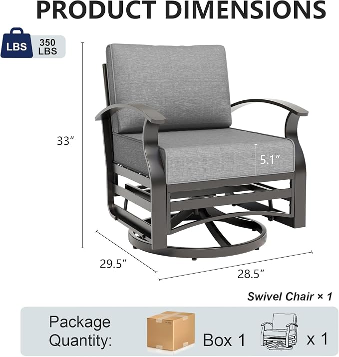 Gotland Outdoor Furniture, Metal Outdoor Swivel Chair with 5.1’’ High-Resilience Seat Cushions 6.2’’ Thick Back Pillow 29.5’’ Deep Seat Removable Cushions, Patio Furniture for Lawn, Porch