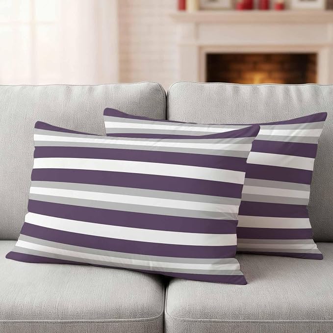 Lumbar Pillow Covers 20x12 Inch Set of 2, Purple Grey Stripe Waterproof Outdoor Pillow Covers, Minimalist Farmhouse Striped Decorative Cushion Pillowcases for Couch, Sofa, Bed, Garden, Patio