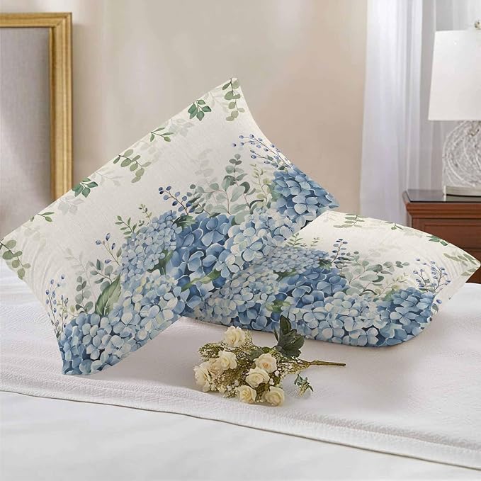 Hydrangea Flower Outdoor Throw Pillow Covers Waterproof Eucalyptus Pillow Cases 16x16in,Green Leaf Retro Linen Decorative Boho Pillow Covers Cushion Cases for Couch Sofa Patio Garden 2 Pack