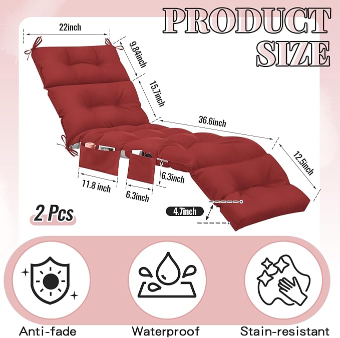 Kigley Outdoor Chaise Lounge Cushions with 3 Side Pocket 74.5 x 22 x 4.7 Inch Patio Chaise Lounge Cushion, Water-Repellent and Fade-Resistant Tufted Summer Replacement(2 Pcs,Ruby Red,Solid Color)