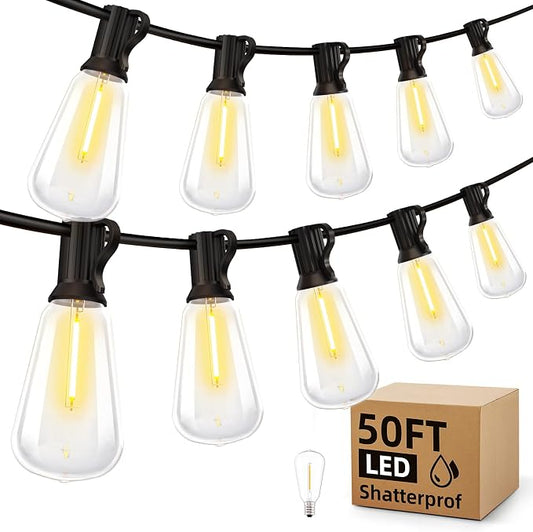 MGVIH Outdoor String Led Patio Lights - 50Ft 15M Outside Waterproof Light ST38 Shatterproof Bulb Connectable Hanging Outdoor Electric Lighting for Backyard Yard Gazebo Porch Party