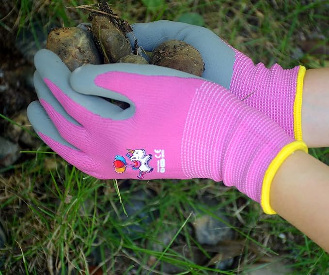 KDK Ages 5-7 Kids Gardening Gloves,Yard Work Gloves for Toddlers, Youth, Girls, Boys, Childrens, Soft Safety Rubber Gloves (XXS Age 5-7, 2 Pairs Pink Unicorn)