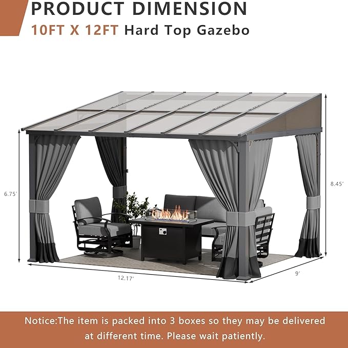 ALAULM 10'x 12' Outdoor Hardtop Pergola, Lean to Gazebo with Curtains and Netting,Large Wall-Mounted Heavy Duty Awnings for Patio, Backyard, Deck and Lawns-Grey
