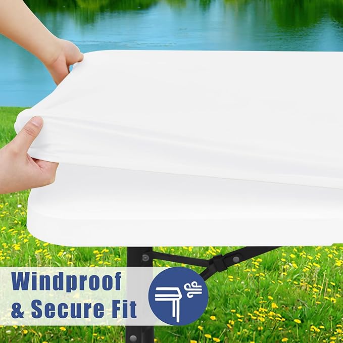 Moosfor Spandex 8 Foot Rectangle Table Cloth 2 Pack, Elastic Fitted Tablecloths for Picnic, Stretch Washable Patio Table Cover for Outdoor, Camping, Banquet and Parties (White, 30"x96")