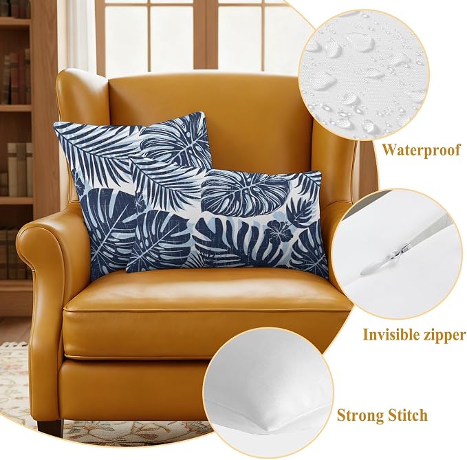 Navy Blue Palm Leaves Outdoor Pillow Covers 24"x24" Set of 2, Tropical Botanical Minimalist Modern Waterproof Throw Pillow Covers for Patio Furniture, Decorative Cushion Covers for Porch