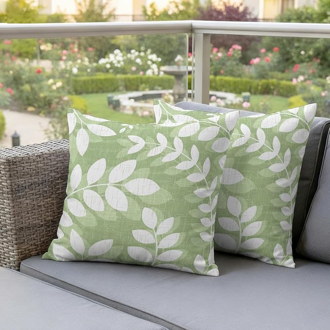 Olive Green Leaves Outdoor Waterproof Throw Pillow Covers 26x26 Set of 2, Farmhouse Botanical Branch Vintage Boho Decorative Pillowcases Cushion Pillowcase for Couch Sofa Patio Pillow Protector