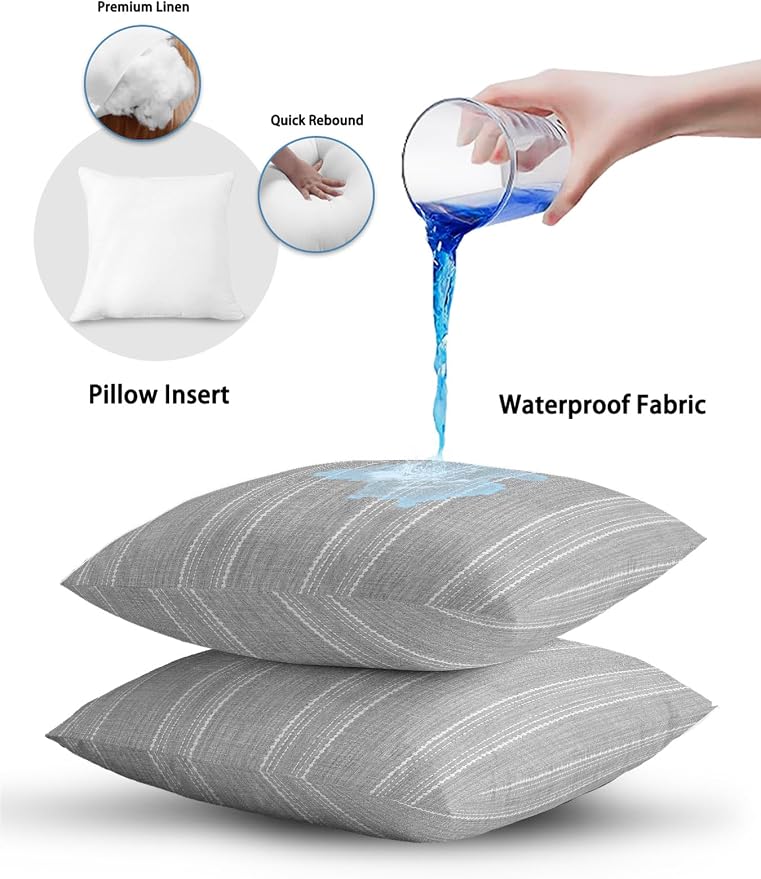 Vandarllin Waterproof Outdoor Pillow 1 Pack Gray Linen Stripes Decorative Throw Pillows Cover & Insert 20x12 Inch Lumbar Pillowcase Parallel Vertical Lines Pillows for Couch Sofa Bed Patio Furniture