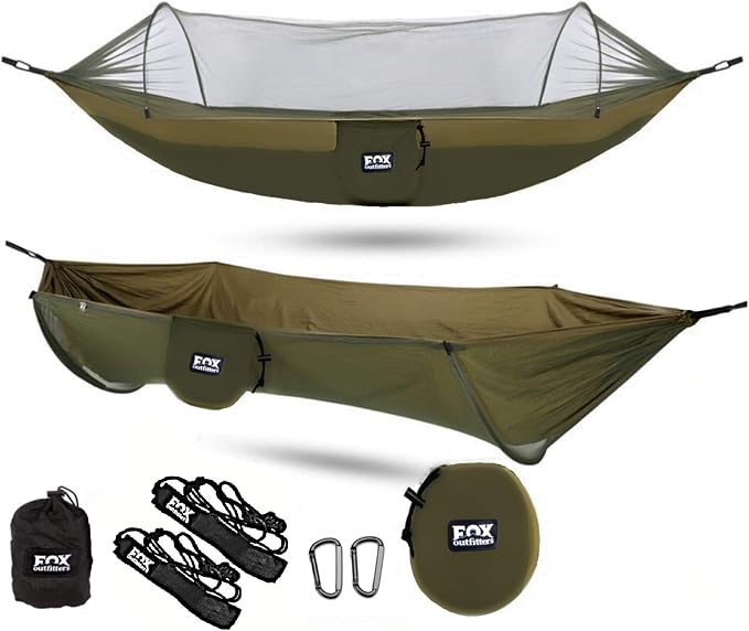 Fox Outfitters Mosquito Net Hammock XL - Built in Mosquito Net - Bug Protection - Easy Set Up - Comes with Tree Safe Hammock Straps & Steel Carabiners