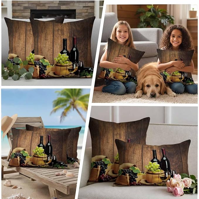 Outdoor Pillow Covers 16 x 16 Inches, Red Wines Waterproof Throw Pillow Cover Set of 2, Champagne Grapes Galsses Country Wooden Plank Decorative Square Cushion Covers for Patio/Couch/Garden