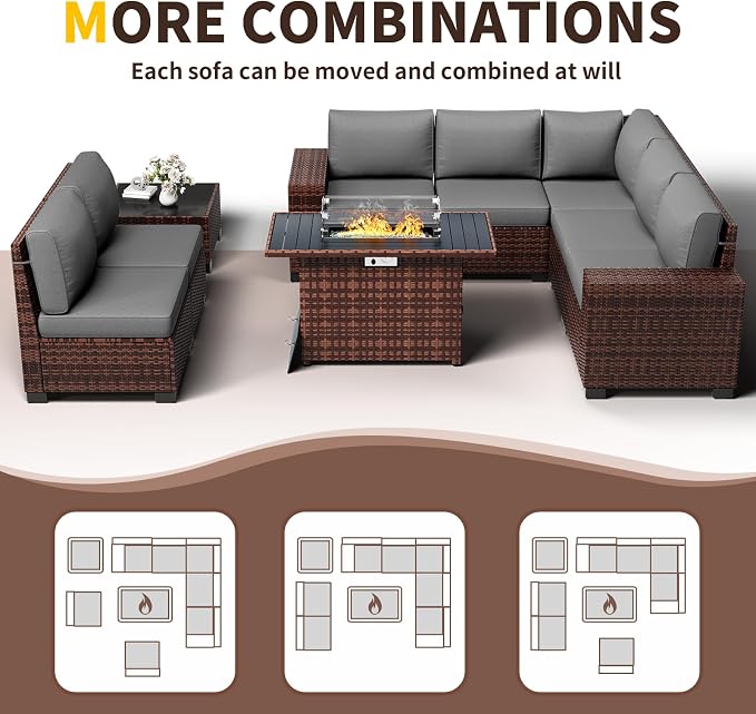 Patio Furniture with Fire Pit Table,8‘’ Wide armrest Outdoor Sectional Rattan Sofa Set, Wicker Patio Furniture Sets w/Coffee Table,Thick Cushions and Cover for Porch, Deck, 9 PC (Brown&Grey)