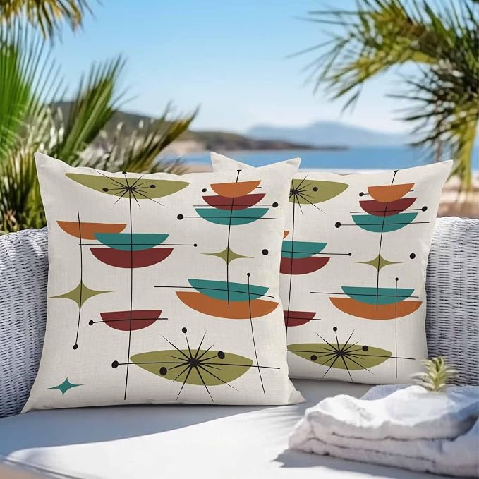 Vandarllin Outdoor Throw Pillows Covers 26x26 inch Set of 2 Waterproof Boho Mid Century Decorative Zippered Cushion Covers for Patio Furniture, Turquoise Orange Geometric Abstract Lumbar Pillowcases