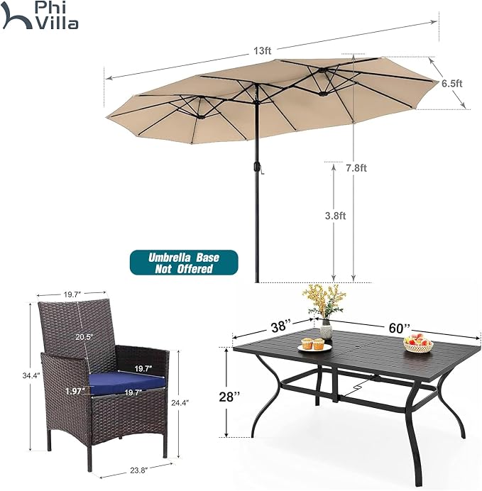 PHI VILLA 7pc Patio Dining Set w/Umbrella, Rectangular Table, Rattan Chairs | Outdoor Dining Set for 6, 60” Metal Table & 6 Cushioned Rattan Chairs with Beige Umbrella for Outdoor, Deck, Yard, Porch