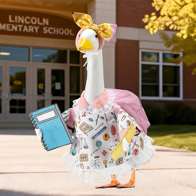 Back to School Porch Goose Outfits for 23 Inch Plastic & Cement Goose Statue,Classroom Clothes & Costume Decor for Garden Patio Lawn Yard Outdoor