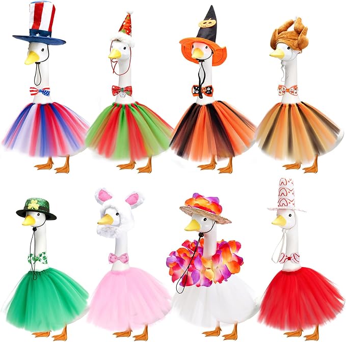 Porch Goose Outfits, 8 Set Holiday Porch Goose Clothes for 17/19/23 inch Lawn Geese 4th of July Summer Halloween Christmas All Seasonal Patio Yard Garden Goose Statue Decor