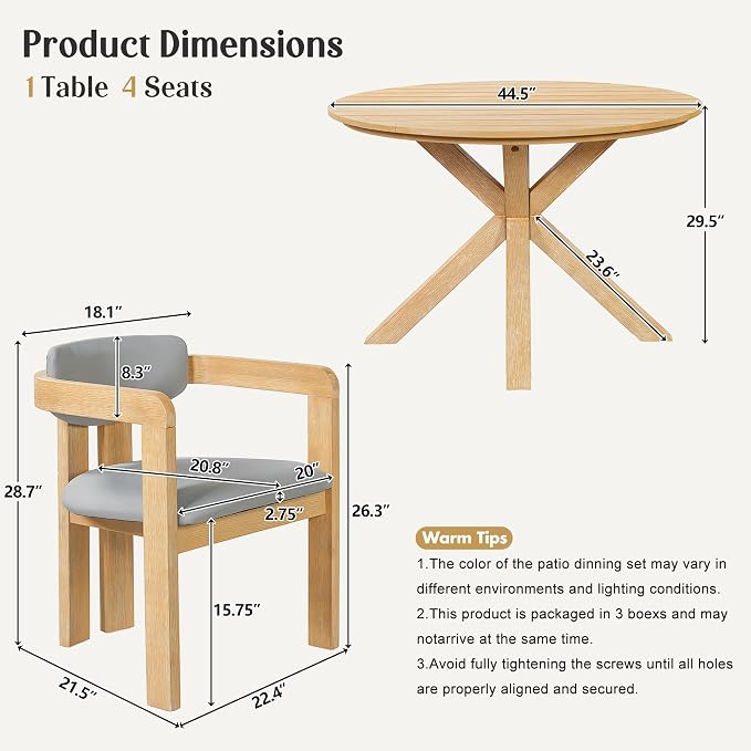 Outdoor Patio Furniture Set of 5, Acacia Wood Round Dining Set with 4 Barrel Chairs & Non-Removable Cushion, 5-Piece Patio Furniture for Backyard Deck Poolside, Acacia Wood + Gray