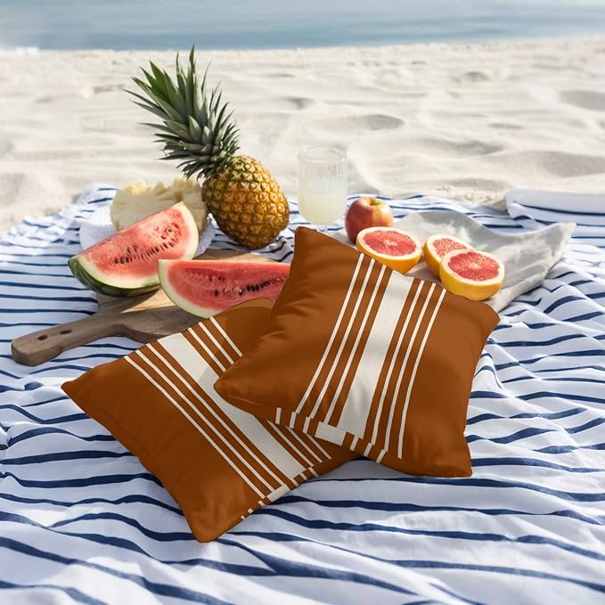 Burnt Orange Beige Striped Outdoor Pillow Covers 20x20 Inch Throw Pillow Covers Set of 2 Waterproof Decorative Pillow Cases Modern Farmhouse Retro Lines Cushion Covers for Patio Furniture Garden Couch