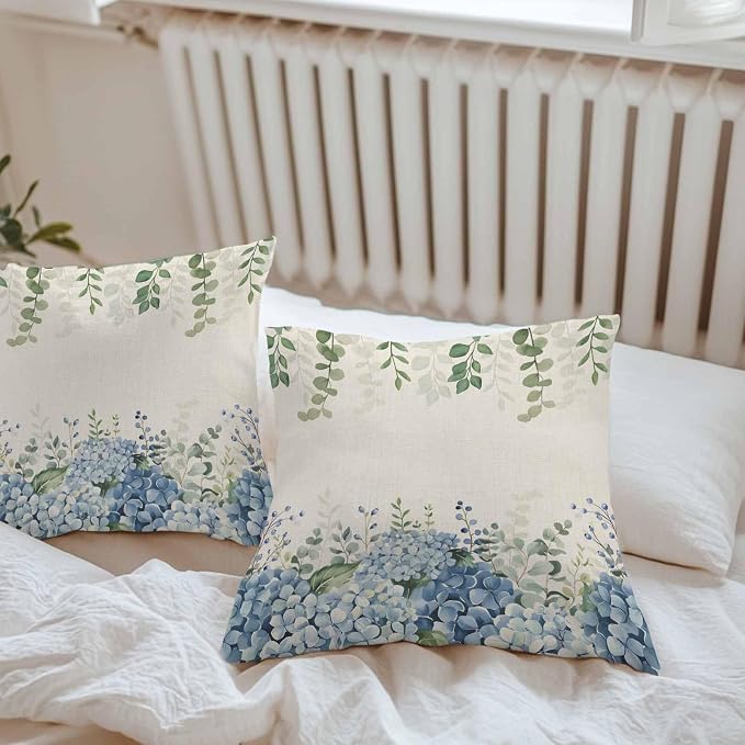 Hydrangea Flower Outdoor Throw Pillow Covers Waterproof Eucalyptus Pillow Cases 16x16in,Green Leaf Retro Linen Decorative Boho Pillow Covers Cushion Cases for Couch Sofa Patio Garden 2 Pack