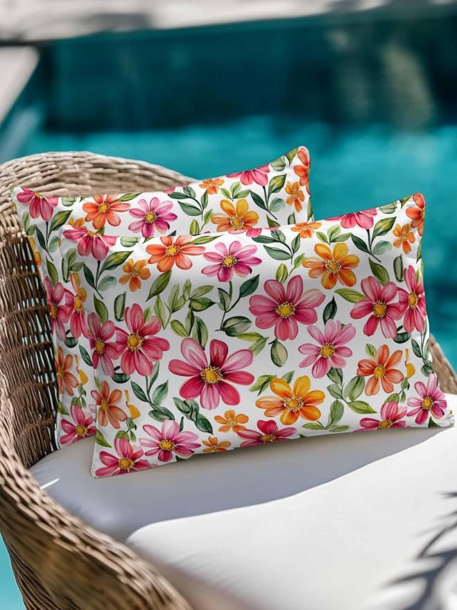 Outdoor Waterproof Throw Pillows Spring Watercolor Wild Flower Patio Pillows,Decorative Pillow Covers with Insert,Pillow Cushion Case for Garden Couch Sofa Country Small Pink Flower