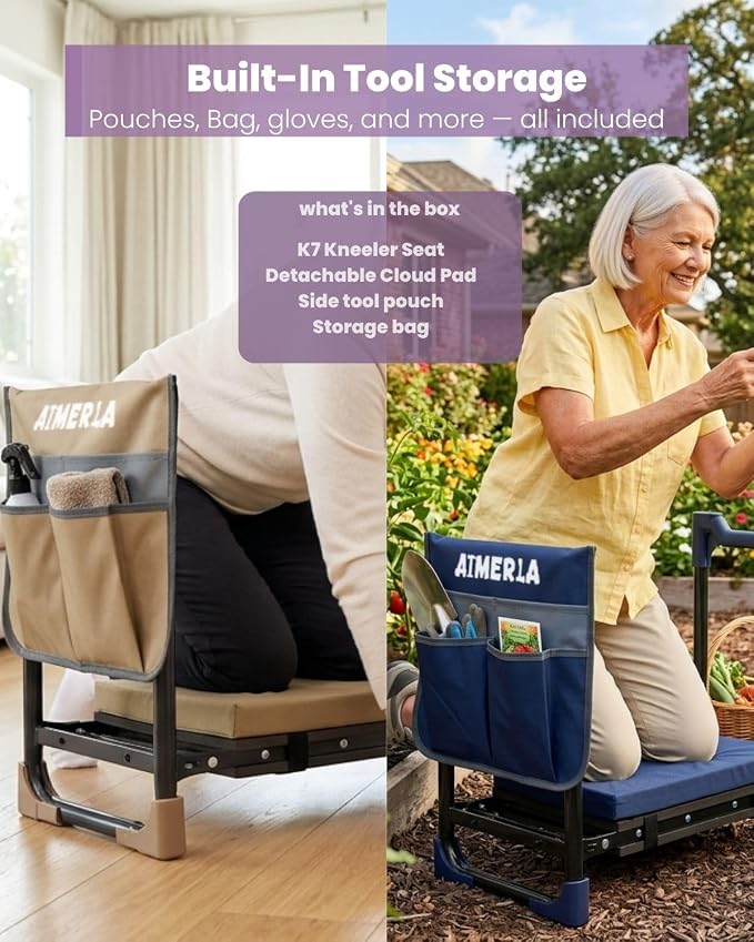 Aimerla K7 Foldable Garden Kneeler Seat, Upgraded Anti-Slip Base, 350LBS Capacity, 10.2" Wide EVA Pad & Detachable Cloud Cushion, 2-in-1 Kneeler Bench for Seniors, Gardening Gifts for Parents