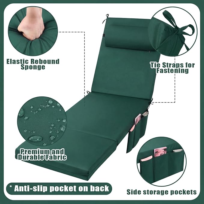 RattanView 2 Pcs Outdoor Chaise Lounge Cushion with Pillow and Side Pockets Waterproof Lounge Chair Cushions for Outdoor Furniture Patio Lounger Pad for Outside Pool Lawn (Dark Green,72 x 21 x 4)