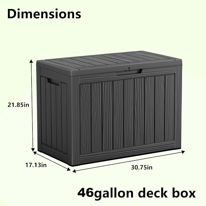 Vixzen 46 Gallon Outdoor Deck Box, Lockable Outdoor Storage Box for Patio Furniture, Garden Tool and Pool Supplies, Weatherproof and UV Resistant (Black, 46 Gallon)