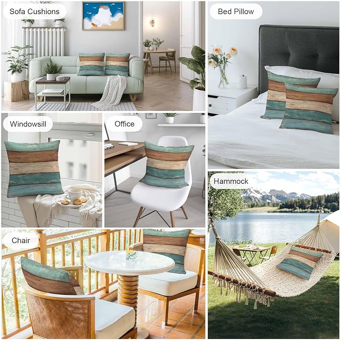 Outdoor Throw Pillows Covers 26X26 Set of 2 Waterproof Teal Turquoise Green Brown Decorative Zippered Cushion Covers for Patio Furniture, Farmhouse Retro Rustic Barn Wood Texture Lumbar Pillowcases