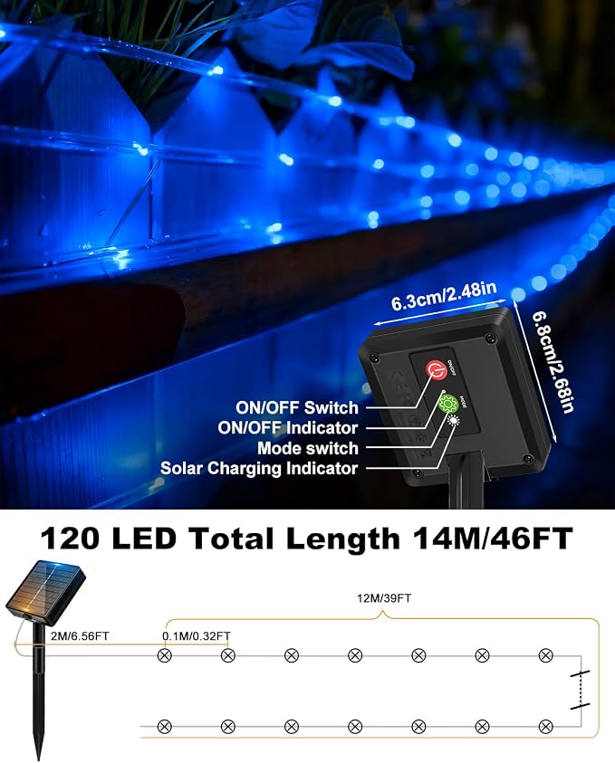 btfarm Solar Rope Lights, 120LED 46FT Solar String Lights Outdoor Waterproof, 8 Lighting Modes Solar Powered Strip Trampoline Light for Outside Garden Tree Christmas Yard Patio Decor, Blue