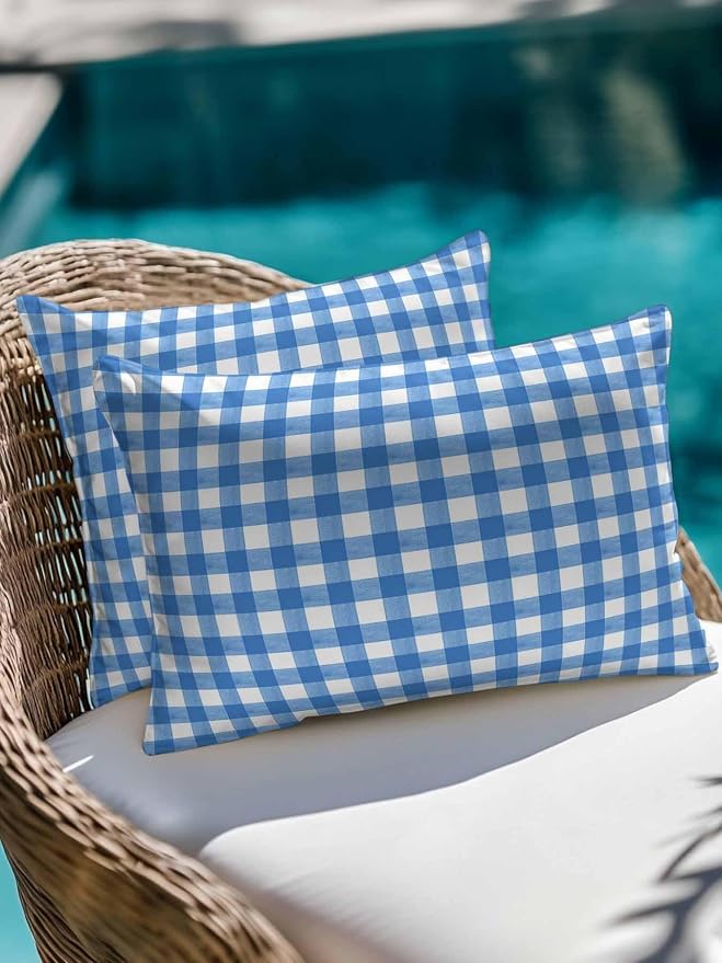 Outdoor Waterproof Throw Pillows Light Blue Gingham Check Patio Pillows,Decorative Pillow Covers with Insert,Pillow Cushion Case for Garden Couch Sofa Country Classic Plaid