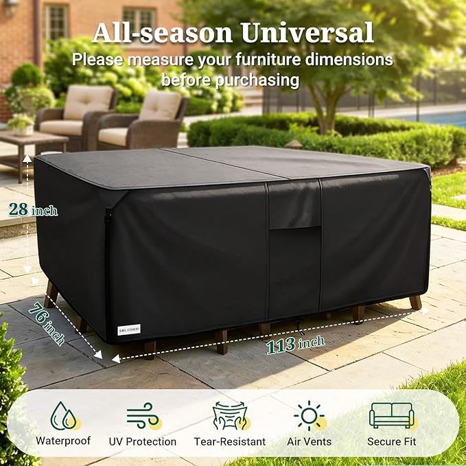 MR. COVER Patio Furniture Covers Rectangle, 900D Heavy Duty Outdoor Table Covers Waterproof , Sectional Sofa Set Cover Table and Chair Combo, Large Couch Cover Lawn Black 113"W x 76"D x 28"H
