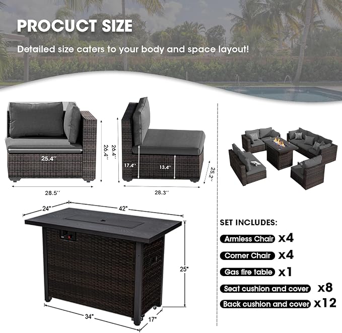 9 Piece Patio Furniture Set with 44" Fire Pit Table, Outdoor Sectional Couch, PE Rattan Patio Conversation Sets with 4inch Cushions for Backyard Grey